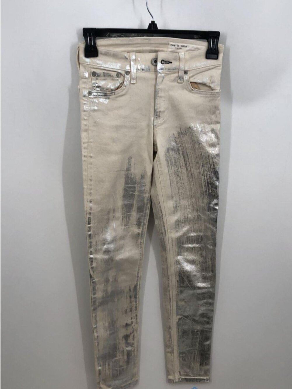 Rag & Bone Cate Mid-Rise Skinny Jeans Ivory Silver Metallic Finish 23